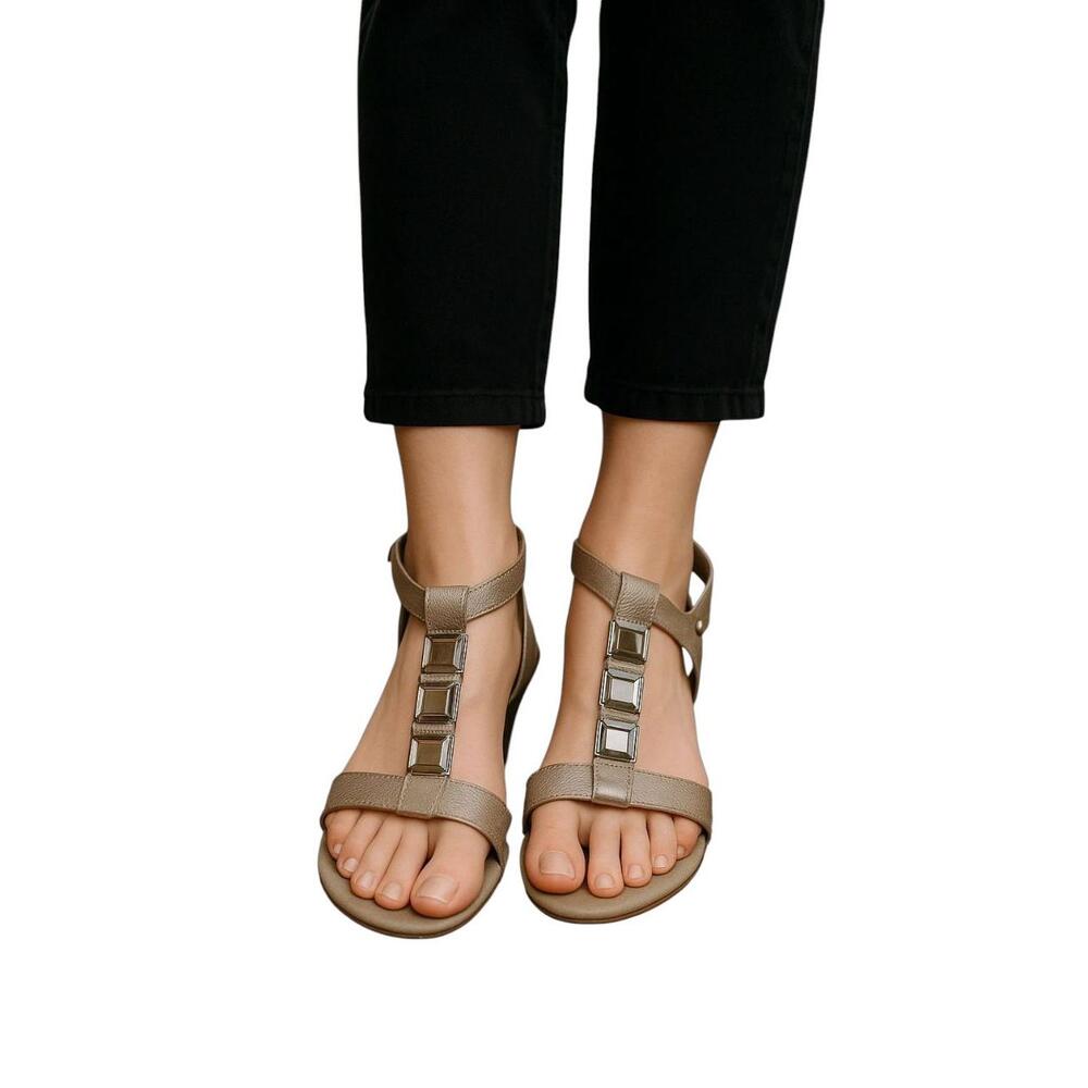 AK Sport Tan Beige Jeweled Textured Wedge T-Strap Sandals‎ Size 10M